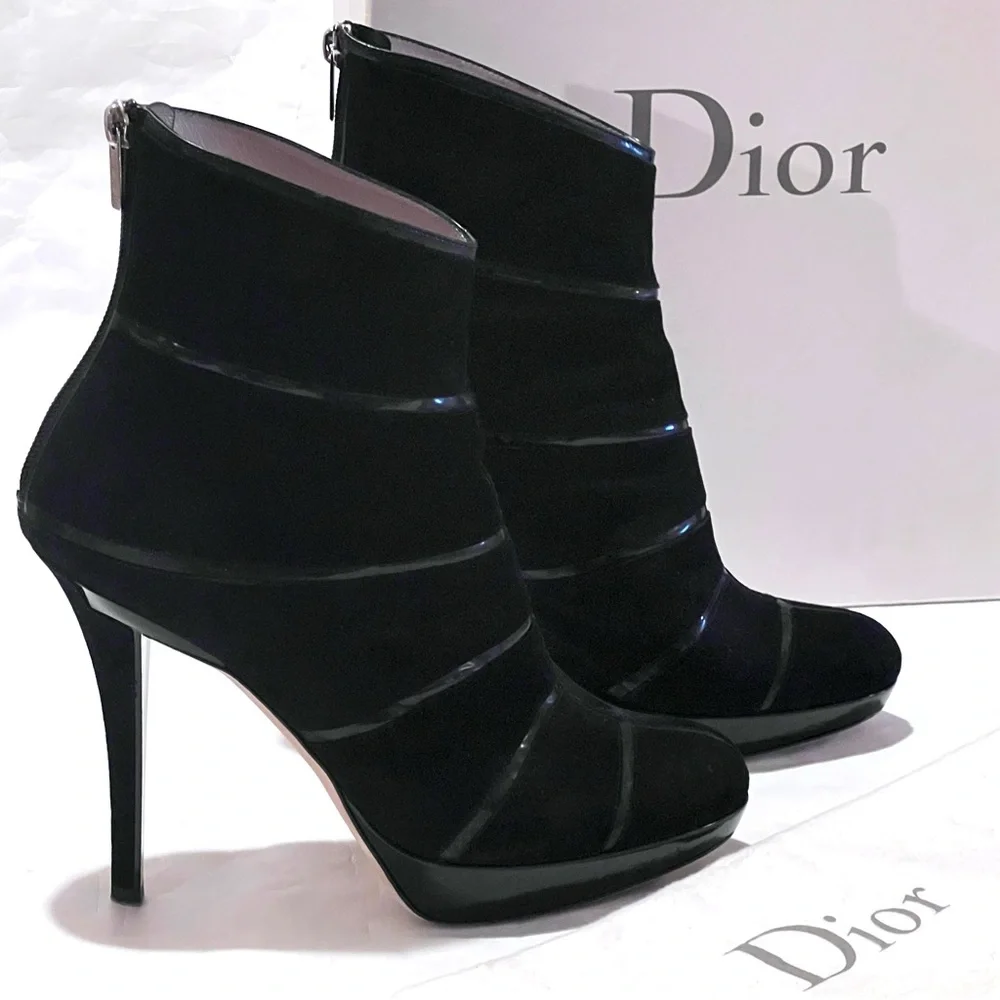 Dior Graphic Suede/Patent Leather Black Ankle Boots Size 40 - Picture 1 of 17